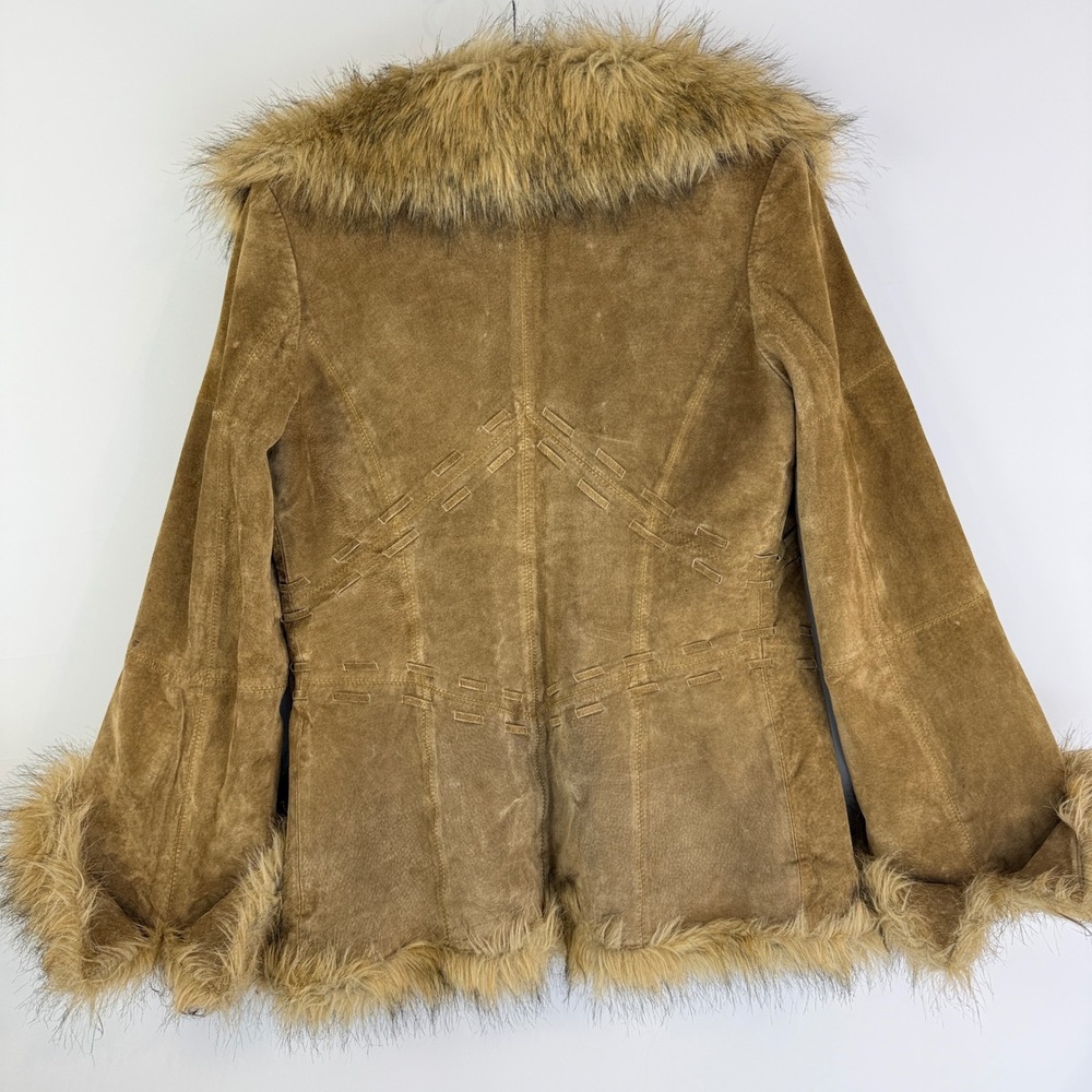 XOXO Leather Jacket Women Small Tan Faux Fur Trim Penny Lane Boho 64249 - Picture 5 of 16
